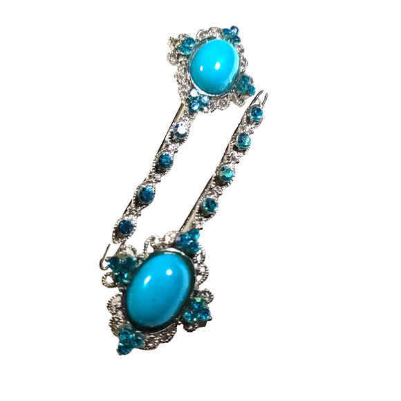 Barrette Clips Silver Tone Blue Aqua Color stone? Blue Rhinestone Set Of 2 Party - Picture 4 of 11